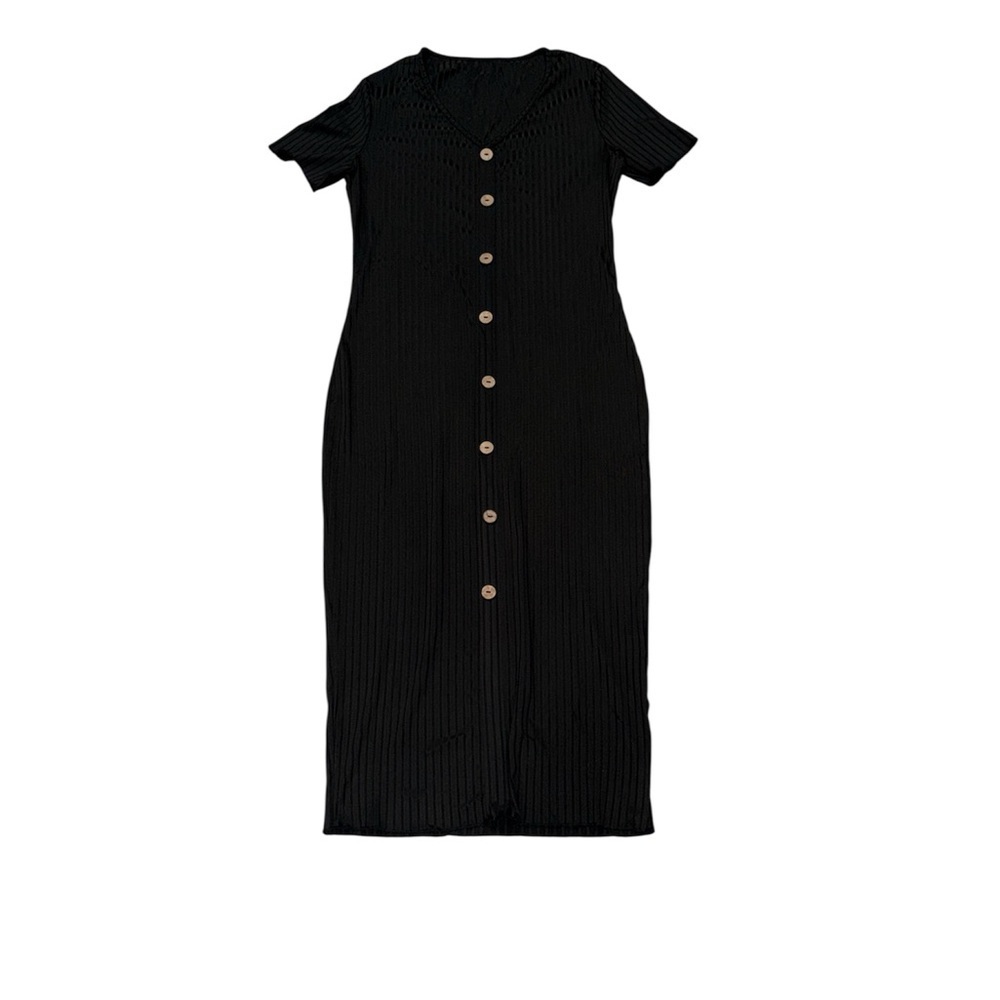 39. SHEIN Black Ribbed Button Midi Dress Size Medium